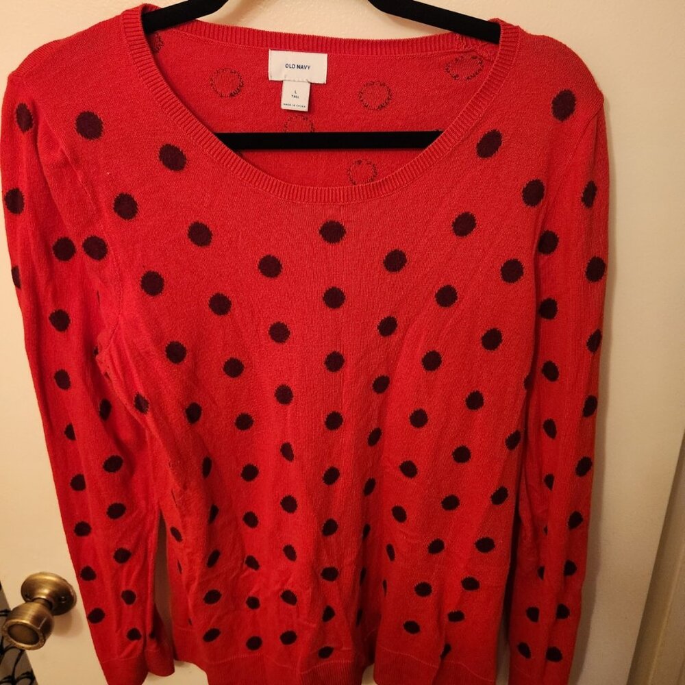 Women's Old Navy Red Sweater with Navy Polka Dots - Size L Tall